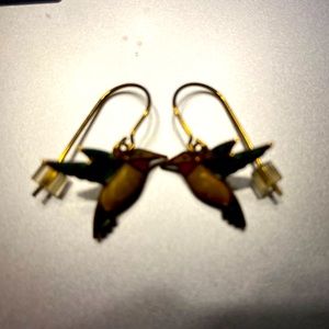 Whimsical, gold tone and enamel hummingbird earrings